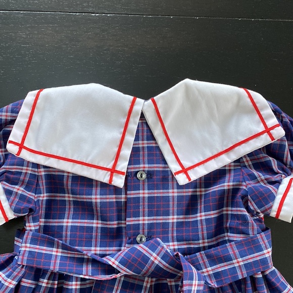 Polly Flinders Vintage Hand Smocked Dress. Toddler 2. Navy Plaid. - Picture 5 of 11